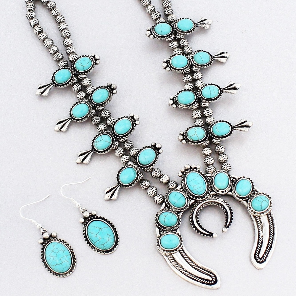 Turquoise Beaded Squash Blossom Necklace and Earri